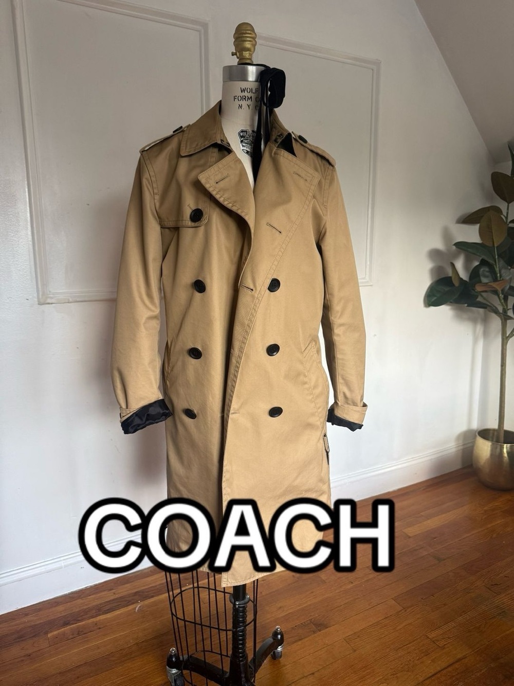 COACH Men's Tan Double-Breasted Trench Coat